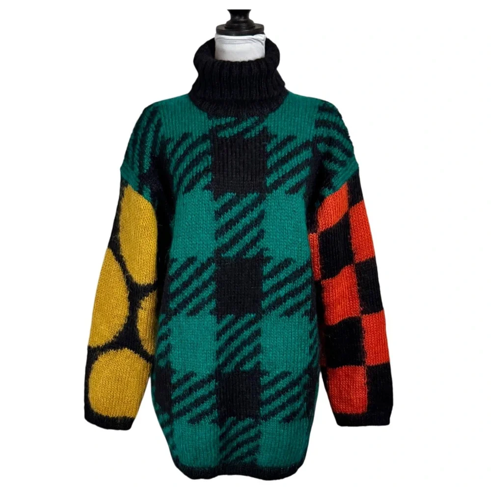 NWT Vintage Fuzzy Mohair Turtleneck Sweater M L Bold Colorblock‎ Plaid Graphic